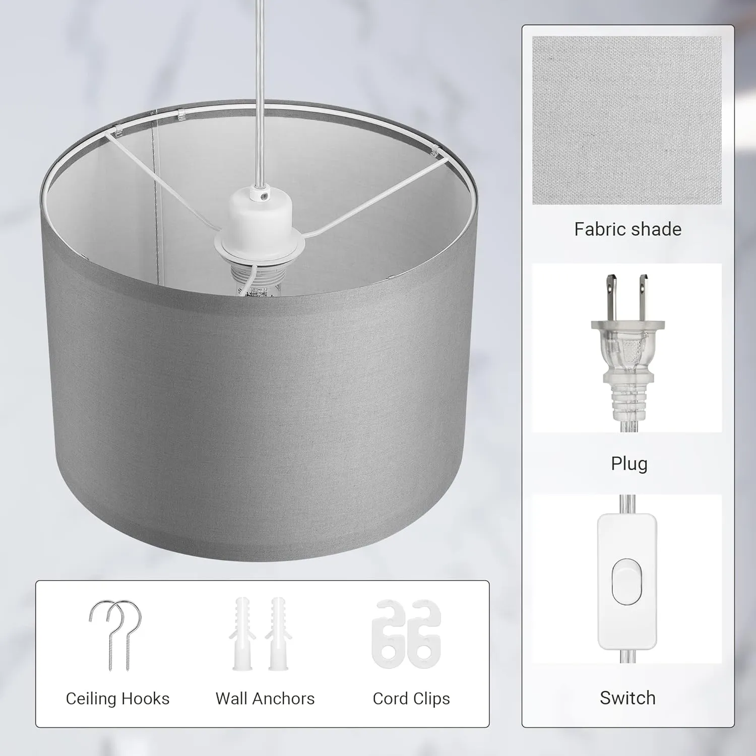 DEWENWILS Plug-in Hanging Light with 15Ft Cord, On/Off Switch, Light Grey Fabric Shade for Bedroom, Kitchen, Living Room, Dining Table