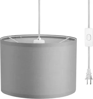 DEWENWILS Plug-in Hanging Light with 15Ft Cord, On/Off Switch, Light Grey Fabric Shade for Bedroom, Kitchen, Living Room, Dining Table