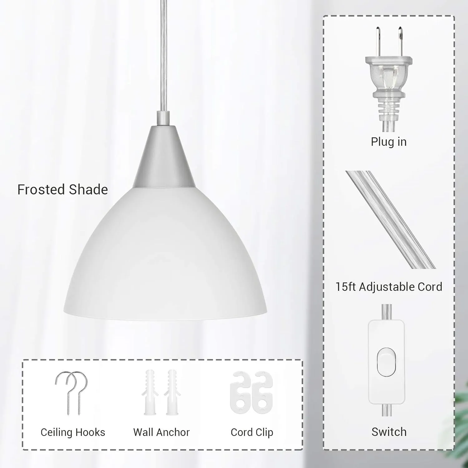DEWENWILS Plug in Pendant Light, Hanging Light with 15Ft Clear Cord, On/Off Switch, Frosted Plastic White Shade, Hanging Ceiling Light for Living Room, Bedroom, Dining Hall, Pack of 2