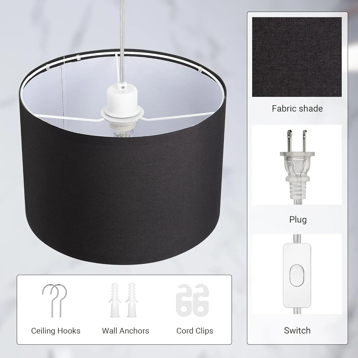 DEWENWILS Plug in Pendant Light, Hanging Light with 15Ft Clear Cord, On/Off Switch, with Black Fabric Lampshade, Hanging Light Fixture for Bedroom, Kitchen, Living Room, Dining Table