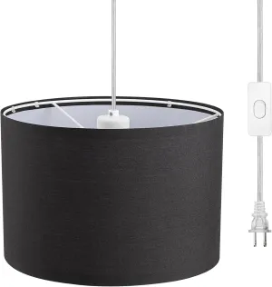 DEWENWILS Plug in Pendant Light, Hanging Light with 15Ft Clear Cord, On/Off Switch, with Black Fabric Lampshade, Hanging Light Fixture for Bedroom, Kitchen, Living Room, Dining Table