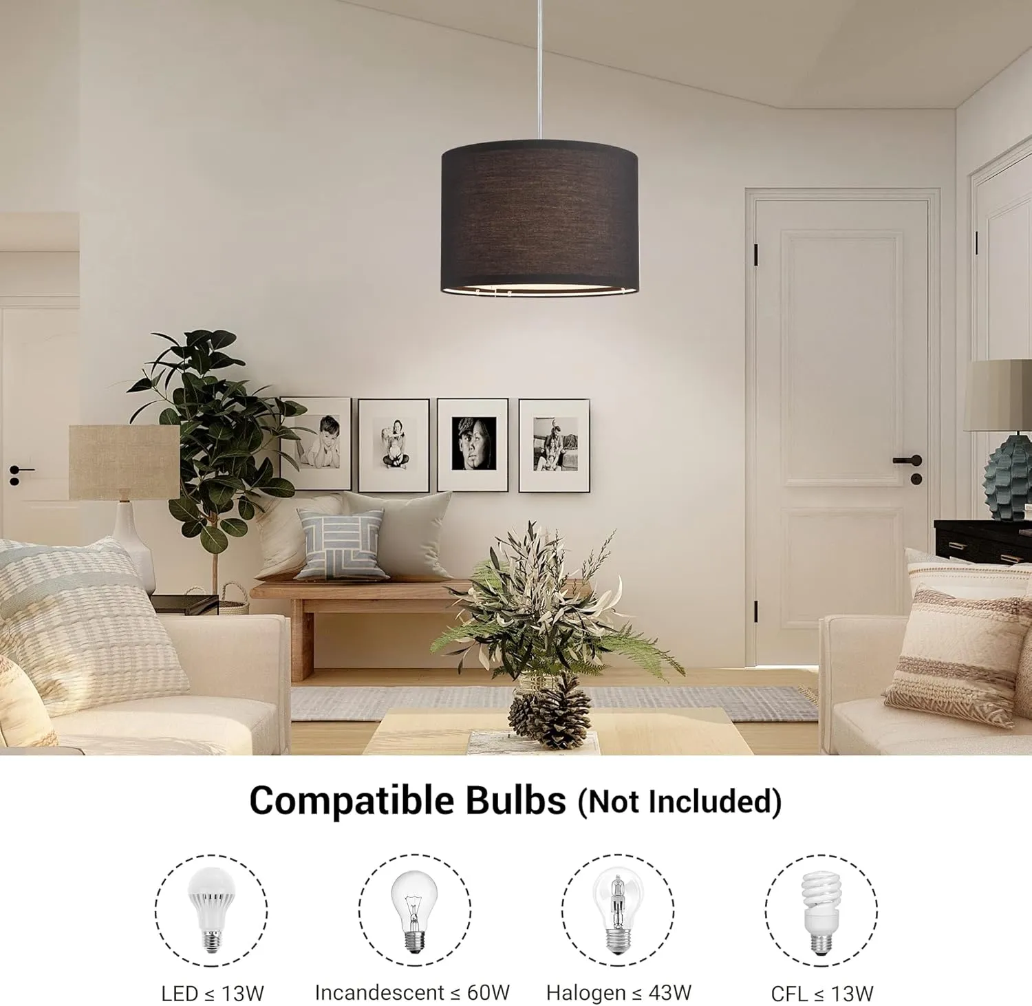 DEWENWILS Plug in Pendant Light, Hanging Light with 15Ft Clear Cord, On/Off Switch, with Black Fabric Lampshade, Hanging Light Fixture for Bedroom, Kitchen, Living Room, Dining Table