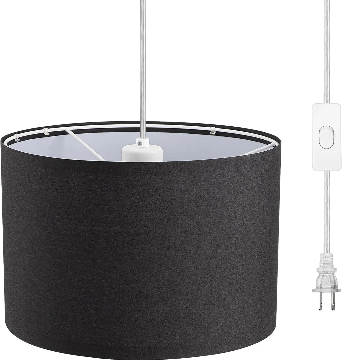 DEWENWILS Plug in Pendant Light, Hanging Light with 15Ft Clear Cord, On/Off Switch, with Black Fabric Lampshade, Hanging Light Fixture for Bedroom, Kitchen, Living Room, Dining Table
