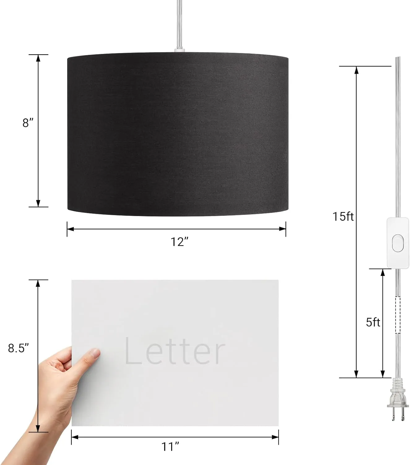 DEWENWILS Plug in Pendant Light, Hanging Light with 15Ft Clear Cord, On/Off Switch, with Black Fabric Lampshade, Hanging Light Fixture for Bedroom, Kitchen, Living Room, Dining Table