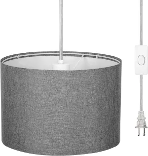 DEWENWILS Plug in Wall Light, Hanging Lamp with 15ft Clear Cord, On/Off Switch, Gray Fabric Lampshade, Hanging Light Fixtures for Bedroom, Kitchen, Living Room, Dining Room