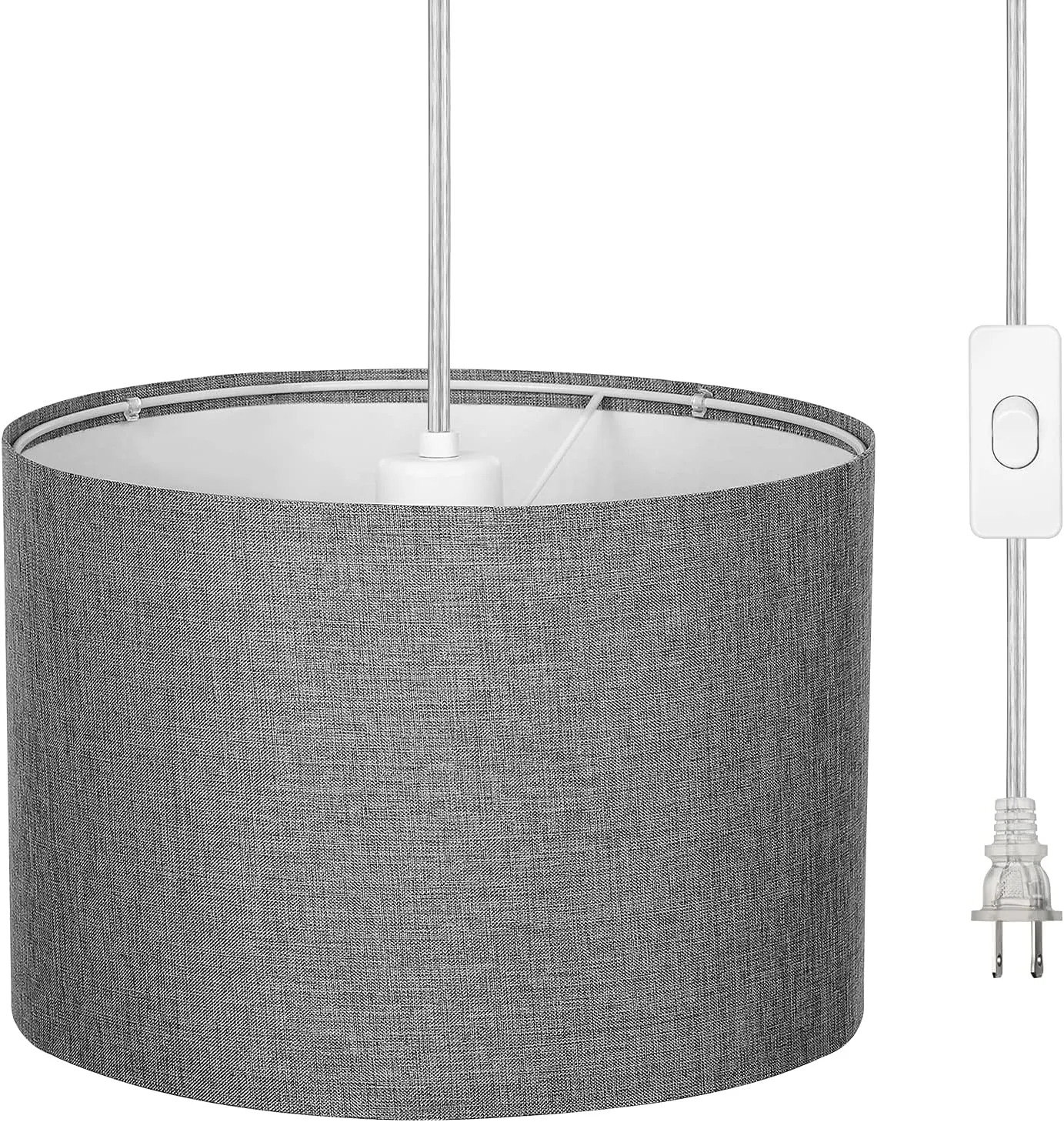 DEWENWILS Plug in Wall Light, Hanging Lamp with 15ft Clear Cord, On/Off Switch, Gray Fabric Lampshade, Hanging Light Fixtures for Bedroom, Kitchen, Living Room, Dining Room