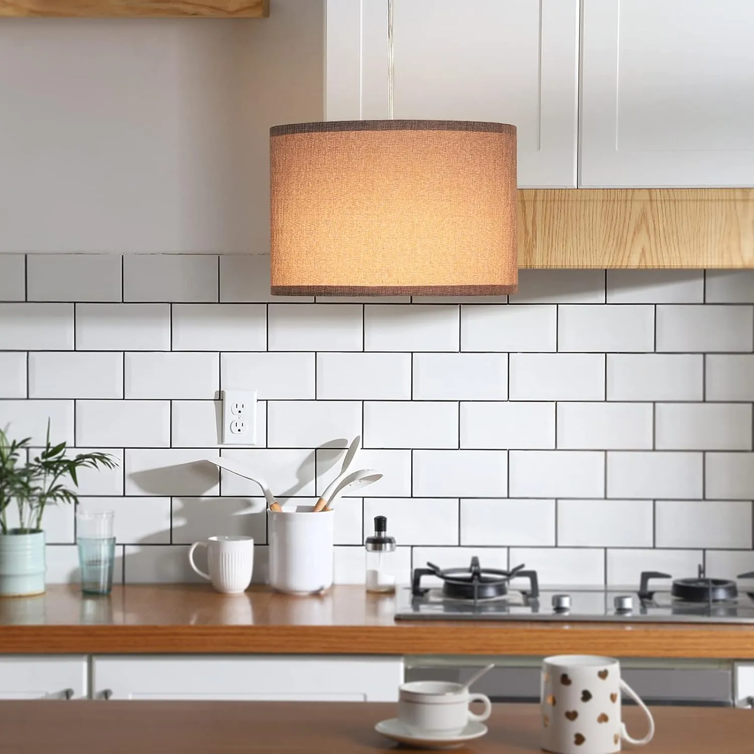 DEWENWILS Plug in Wall Light, Hanging Lamp with 15ft Clear Cord, On/Off Switch, Gray Fabric Lampshade, Hanging Light Fixtures for Bedroom, Kitchen, Living Room, Dining Room