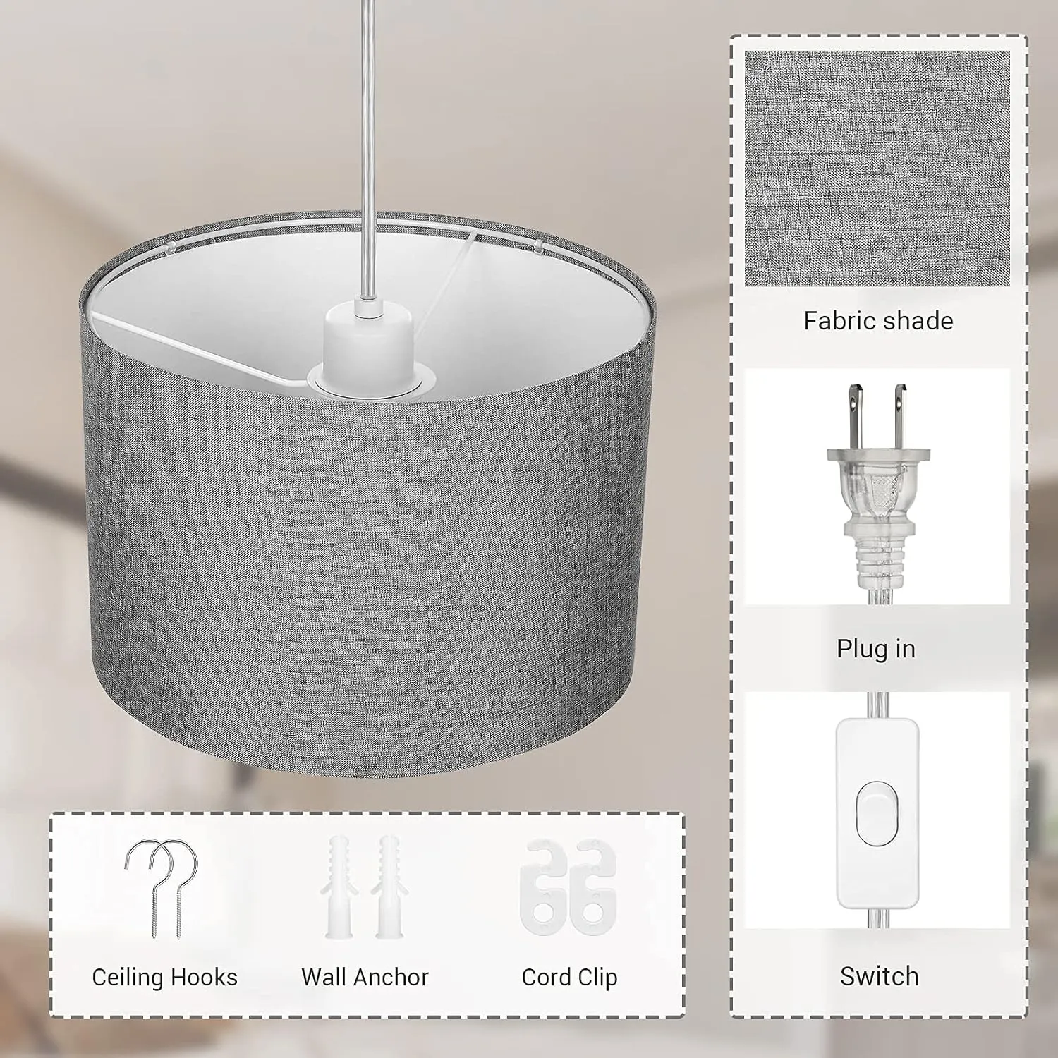 DEWENWILS Plug in Wall Light, Hanging Lamp with 15ft Clear Cord, On/Off Switch, Gray Fabric Lampshade, Hanging Light Fixtures for Bedroom, Kitchen, Living Room, Dining Room