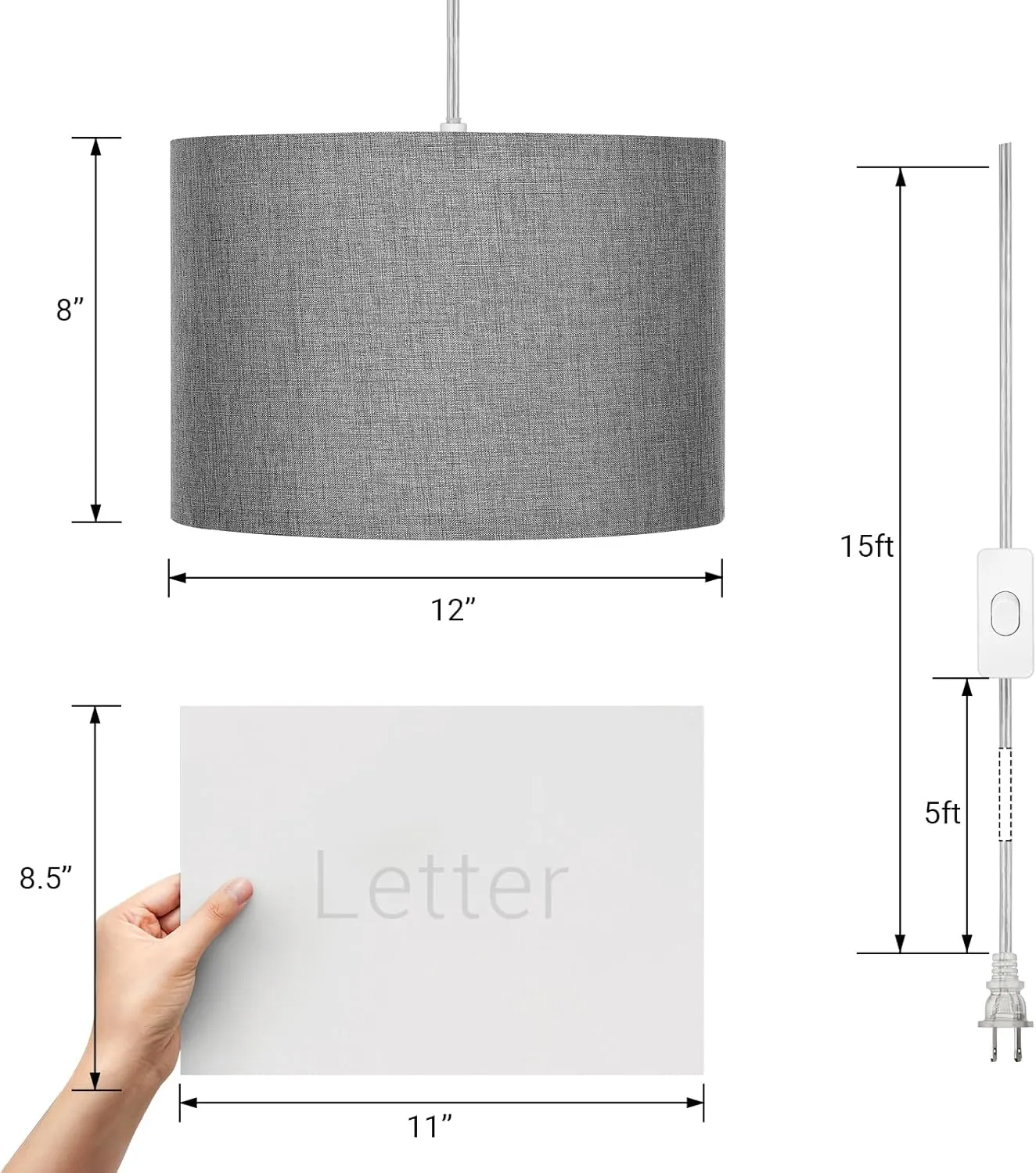 DEWENWILS Plug in Wall Light, Hanging Lamp with 15ft Clear Cord, On/Off Switch, Gray Fabric Lampshade, Hanging Light Fixtures for Bedroom, Kitchen, Living Room, Dining Room