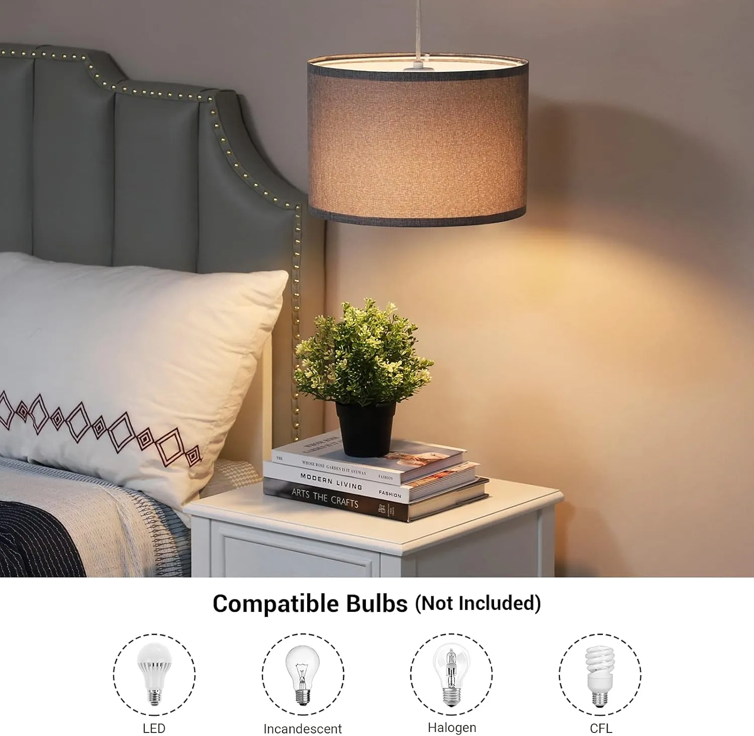DEWENWILS Plug in Wall Light, Hanging Lamp with 15ft Clear Cord, On/Off Switch, Gray Fabric Lampshade, Hanging Light Fixtures for Bedroom, Kitchen, Living Room, Dining Room