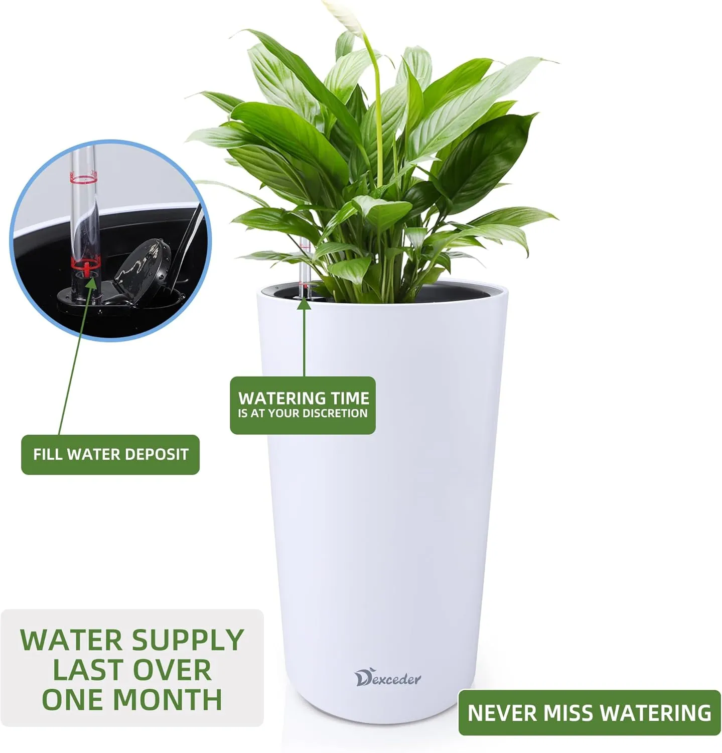 Dexceder 22x13 Tall Self Watering Planter High Cylinder Indoor Outdoor, Thickened Large Floor Standing Flower Plant Pot with Water Level Indicator (White Matte)