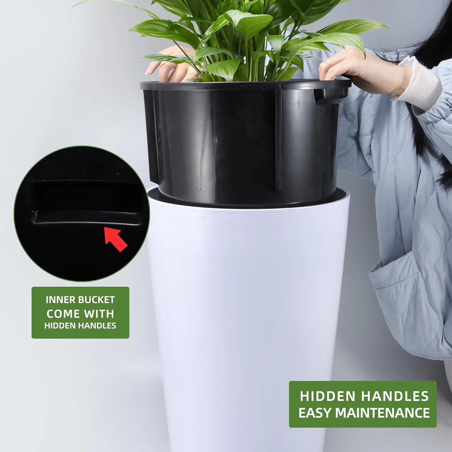 Dexceder 22x13 Tall Self Watering Planter High Cylinder Indoor Outdoor, Thickened Large Floor Standing Flower Plant Pot with Water Level Indicator (White Matte)