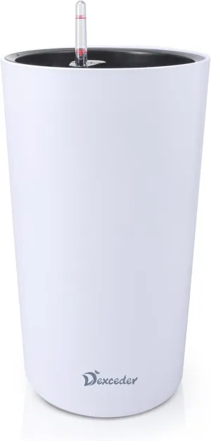 Dexceder 22x13 Tall Self Watering Planter High Cylinder Indoor Outdoor, Thickened Large Floor Standing Flower Plant Pot with Water Level Indicator (White Matte)