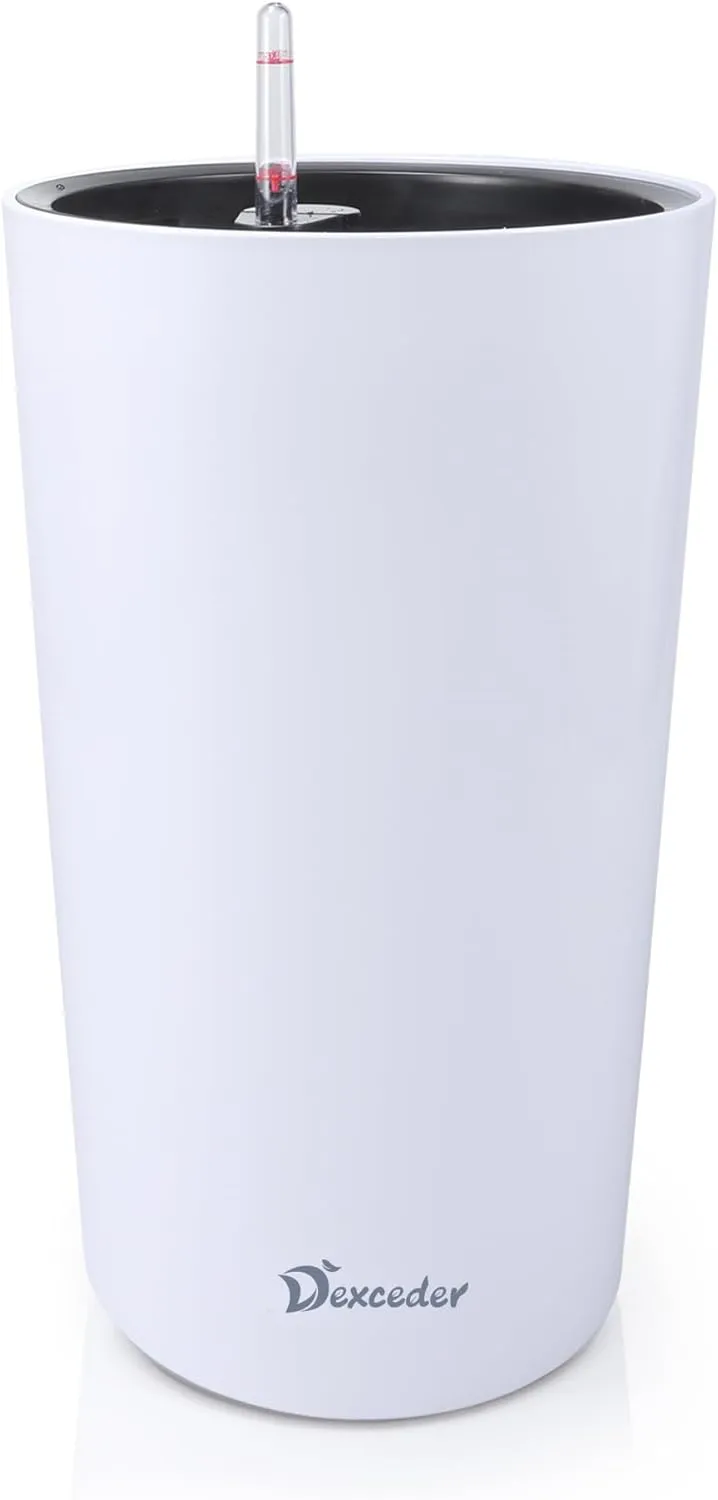 Dexceder 22x13 Tall Self Watering Planter High Cylinder Indoor Outdoor, Thickened Large Floor Standing Flower Plant Pot with Water Level Indicator (White Matte)
