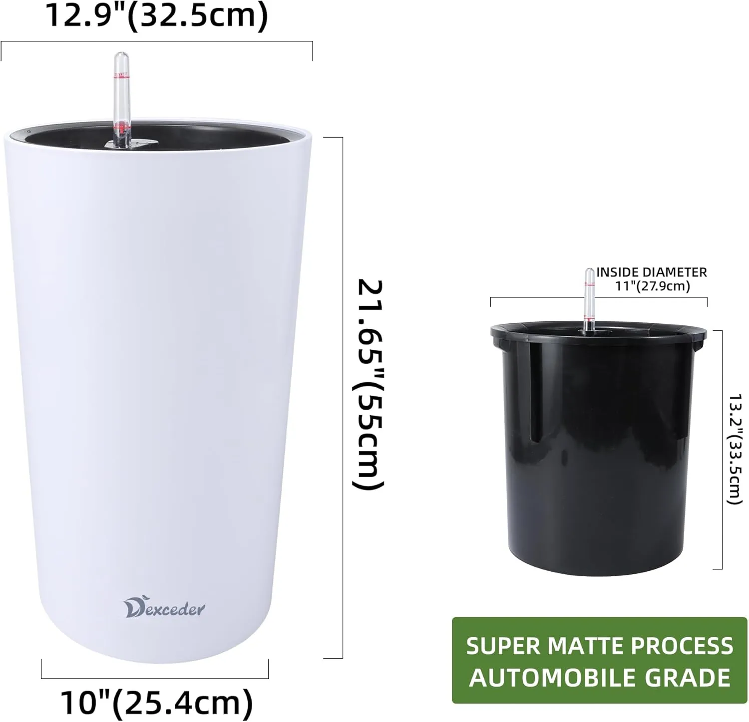 Dexceder 22x13 Tall Self Watering Planter High Cylinder Indoor Outdoor, Thickened Large Floor Standing Flower Plant Pot with Water Level Indicator (White Matte)