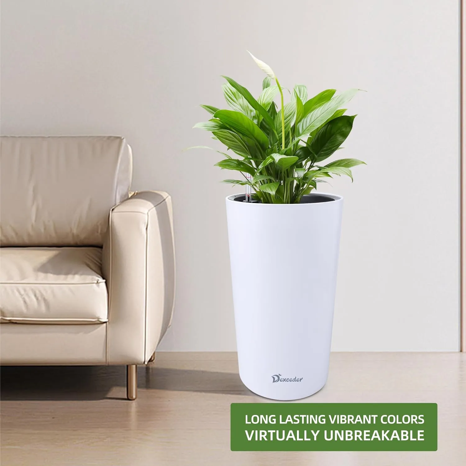 Dexceder 22x13 Tall Self Watering Planter High Cylinder Indoor Outdoor, Thickened Large Floor Standing Flower Plant Pot with Water Level Indicator (White Matte)