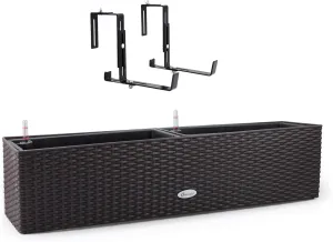 Dexceder 31.5 Inch Rattan Self Watering Planter Indoor Outdoor, Thickened Large Rail Flower Plant Pot Window Box with Water Level Indicators & Bracket (Brown)