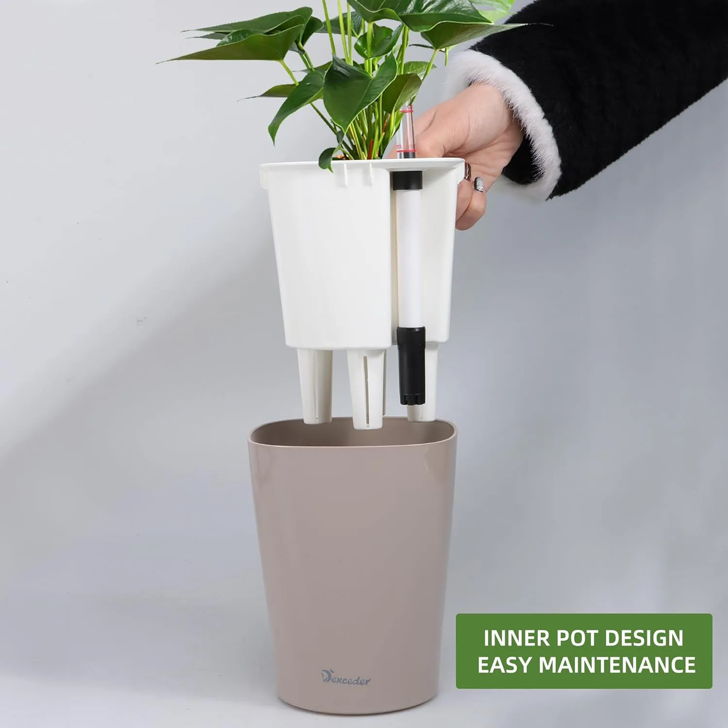 Dexceder 6x7 Self Watering Planter Indoor Outdoor, High Gloss Table Flower Plant Pot with Water Level Indicator (Taupe)