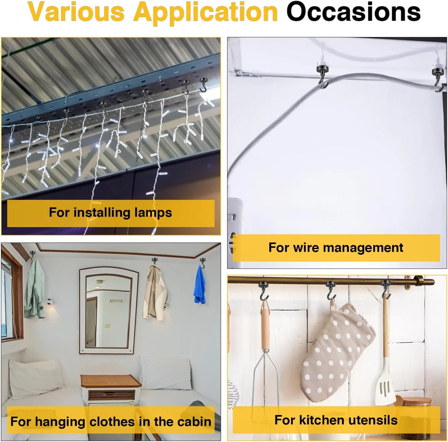 DIYMAG Outdoor Hooks for Hanging String Lights, Balck Magnetic Hooks Strong 30lbs  Hanging Party Light Wall Cable for Outside Cruise Cabin Refrigerator Fridge Grills Must Have 60PCS