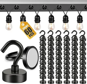 DIYMAG Outdoor Hooks for Hanging String Lights, Balck Magnetic Hooks Strong 30lbs  Hanging Party Light Wall Cable for Outside Cruise Cabin Refrigerator Fridge Grills Must Have 60PCS