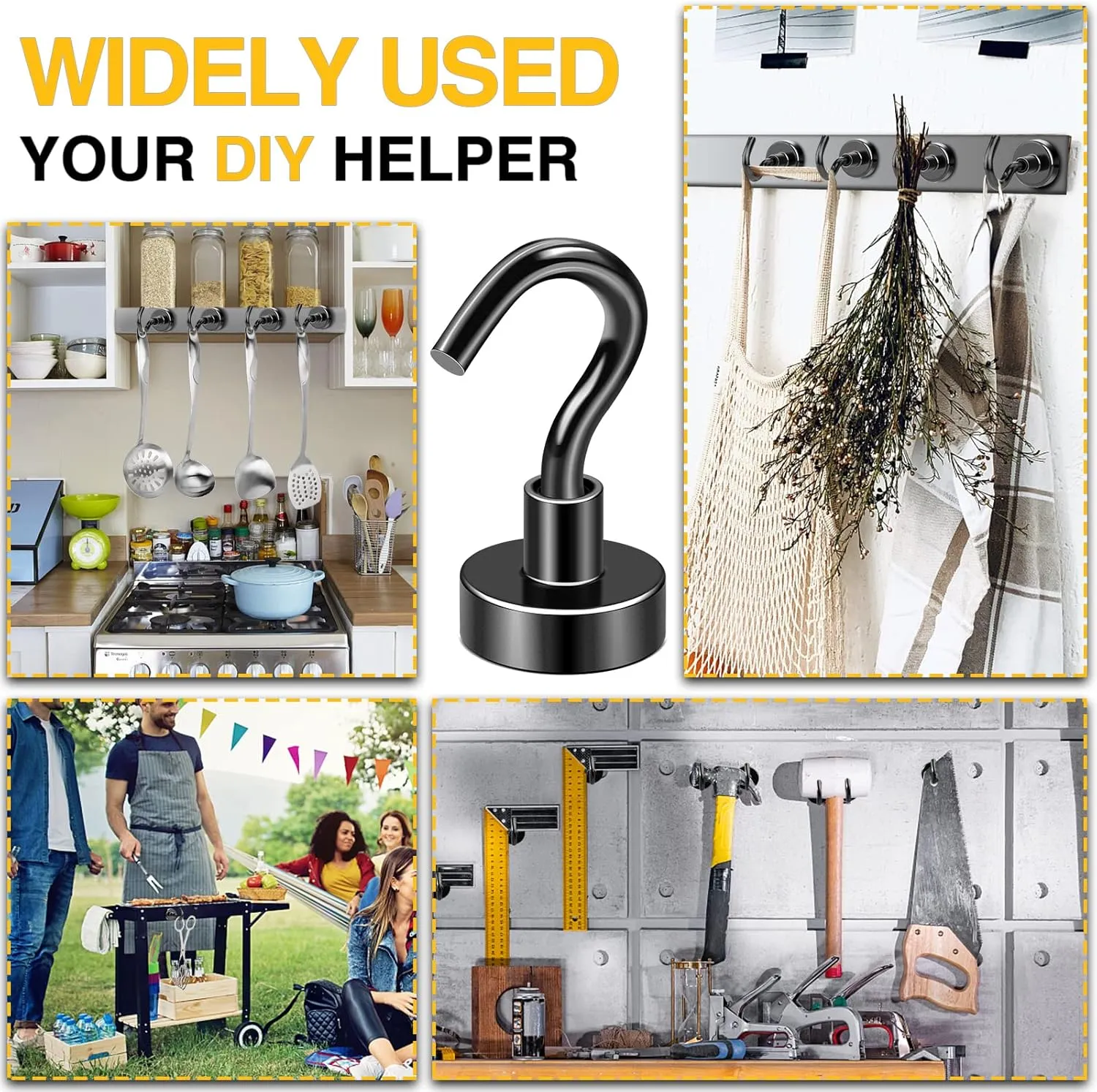 DIYMAG Outdoor Hooks for Hanging String Lights, Balck Magnetic Hooks Strong 30lbs  Hanging Party Light Wall Cable for Outside Cruise Cabin Refrigerator Fridge Grills Must Have 60PCS