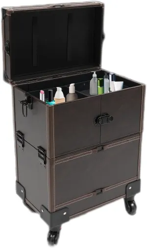 DNYSYSJ Makeup Train Case with Mirror, Rolling Makeup Train Case for Artist, Coffee Color Trolley Cosmetic Organizer Box with Wheels