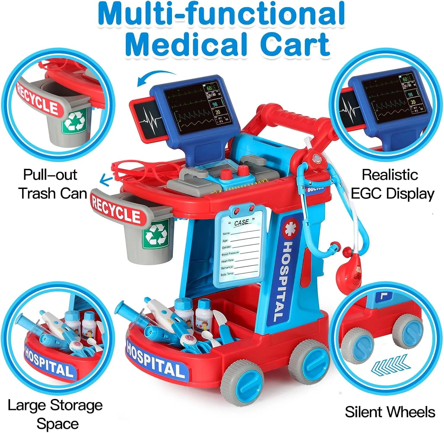 Doctor Kit for Toddlers 3 4 5, Kids Doctor Cart Toy with Costume & Stethoscope, Medical Pretend Role Play Set for Girls Boys