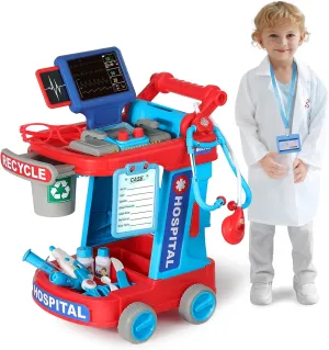 Doctor Kit for Toddlers 3 4 5, Kids Doctor Cart Toy with Costume & Stethoscope, Medical Pretend Role Play Set for Girls Boys