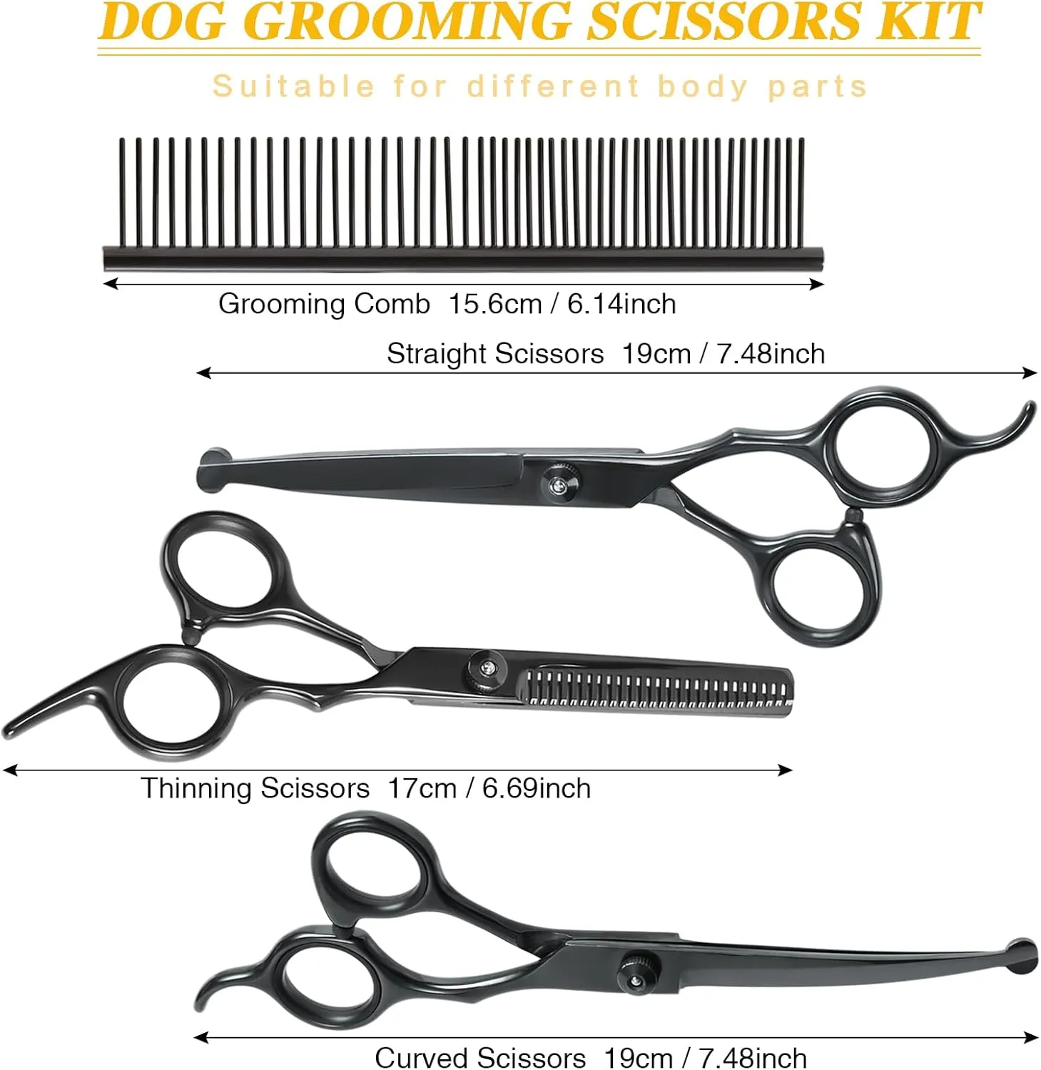 Dog Grooming Scissors, Maxshop Heavy Duty Titanium Pet Grooming Trimmer Kit, Professional Thinning Shears, Curved Scissors with Comb for Dogs and Cats (Black Set of 4)