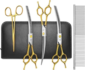 Dog Grooming Scissors,Curved Thinning Shears Dog Grooming with Safety Round Tips, Sharp and Comfortable 4 in 1 Dog Scissors for Grooming