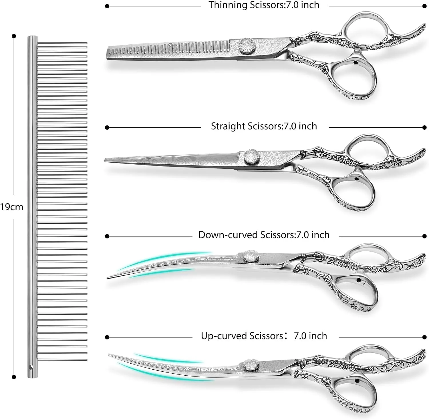 Dog Grooming Scissors,Silver with Safety Round Tips,5 in 1 Curved Dog Scissors for Grooming,Professional Pet Grooming Shears Set for Dogs and Cats