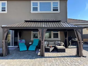 Domi 14' X 20' Hardtop Gazebo Large Outdoor Metal Gazebo with Galvanized Steel Double Roof Canopy, Aluminum Frame, Curtains and Netting for Patio, Deck, Garden, Brown