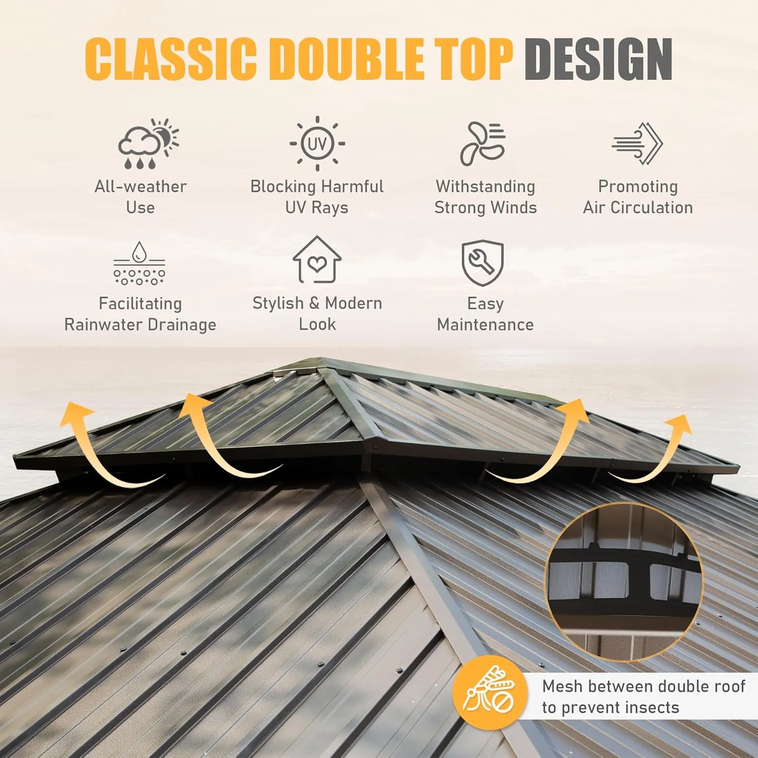 Domi 14' X 20' Hardtop Gazebo Large Outdoor Metal Gazebo with Galvanized Steel Double Roof Canopy, Aluminum Frame, Curtains and Netting for Patio, Deck, Garden, Brown