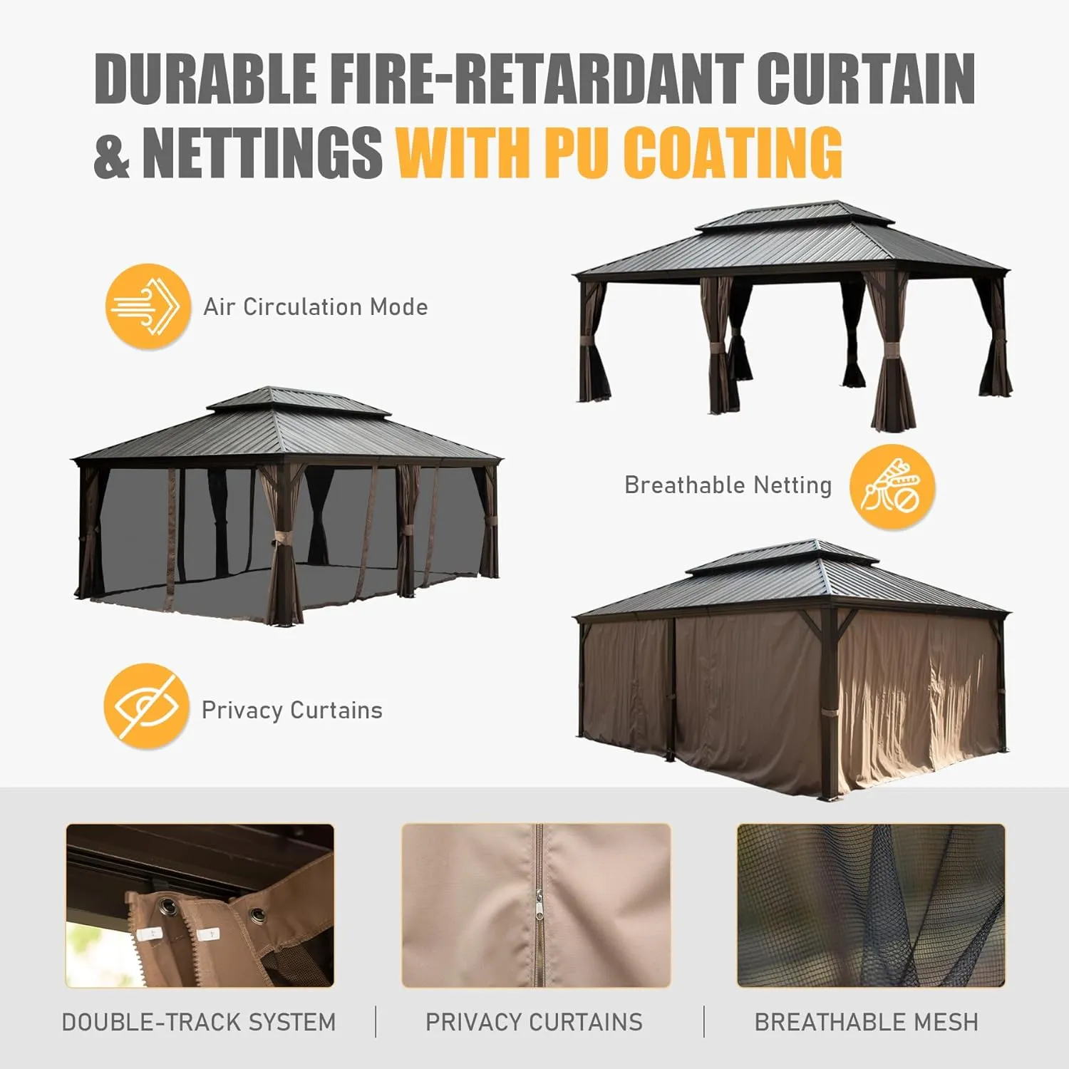 Domi 14' X 20' Hardtop Gazebo Large Outdoor Metal Gazebo with Galvanized Steel Double Roof Canopy, Aluminum Frame, Curtains and Netting for Patio, Deck, Garden, Brown