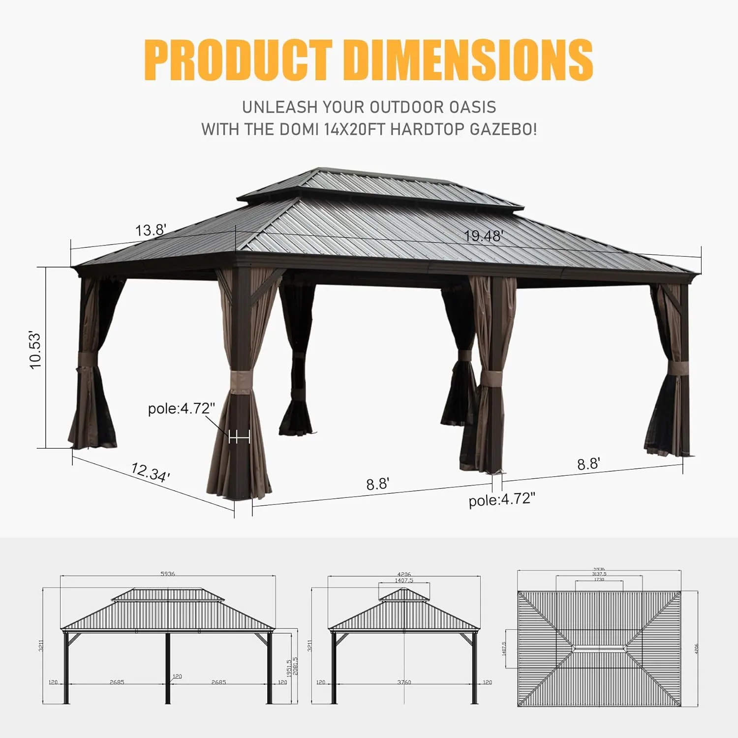Domi 14' X 20' Hardtop Gazebo Large Outdoor Metal Gazebo with Galvanized Steel Double Roof Canopy, Aluminum Frame, Curtains and Netting for Patio, Deck, Garden, Brown