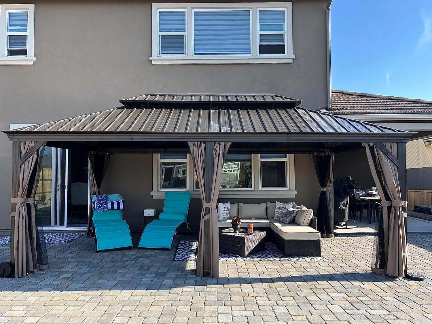 Domi 14' X 20' Hardtop Gazebo Large Outdoor Metal Gazebo with Galvanized Steel Double Roof Canopy, Aluminum Frame, Curtains and Netting for Patio, Deck, Garden, Brown