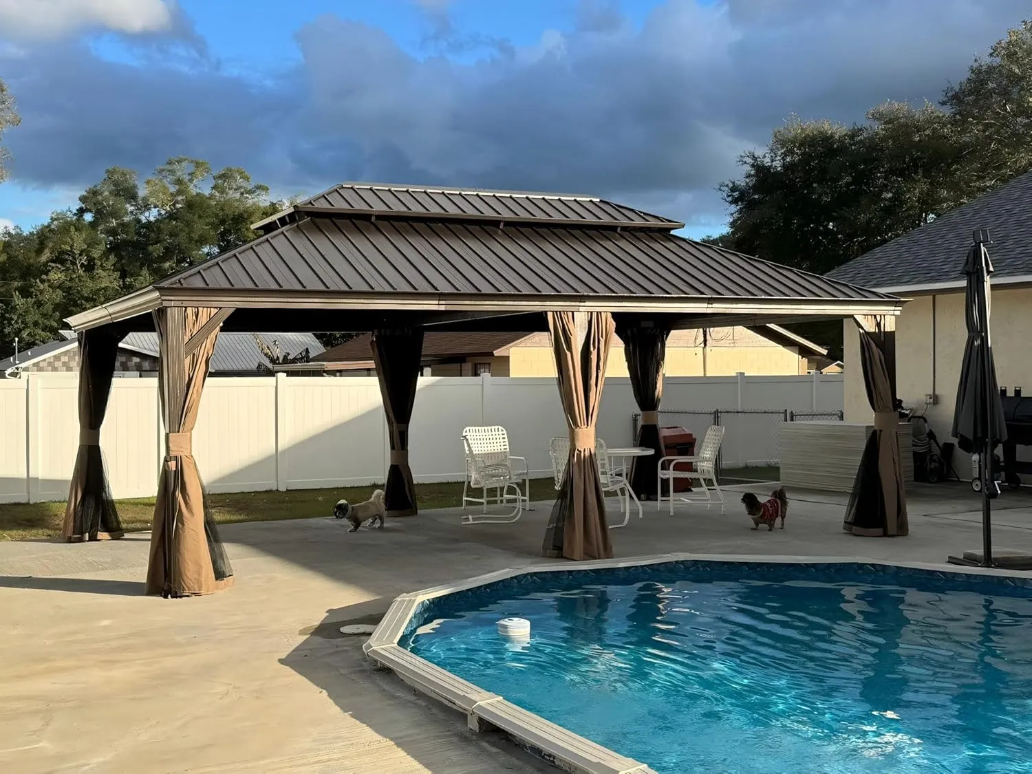 Domi 14' X 20' Hardtop Gazebo Large Outdoor Metal Gazebo with Galvanized Steel Double Roof Canopy, Aluminum Frame, Curtains and Netting for Patio, Deck, Garden, Brown
