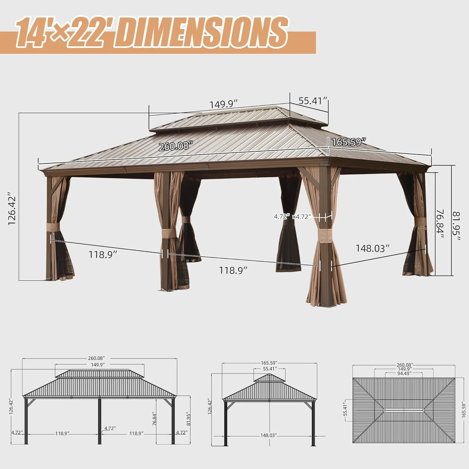 Domi 14' X 22' Hardtop Gazebo Outdoor Metal Gazebo Canopy with Galvanized Steel Double Roof, Aluminum Frame, Curtains and Netting for Patio, Deck, Garden, Brown