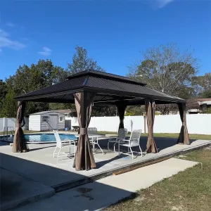 Domi 14' X 22' Hardtop Gazebo Outdoor Metal Gazebo Canopy with Galvanized Steel Double Roof, Aluminum Frame, Curtains and Netting for Patio, Deck, Garden, Brown