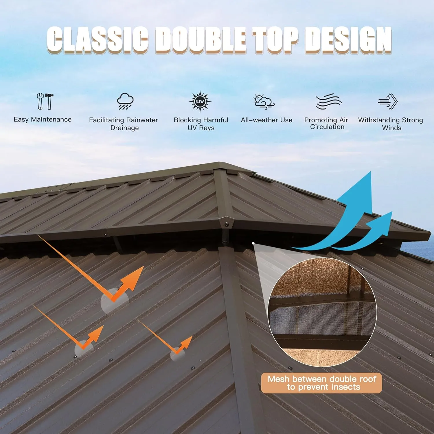 Domi 14' X 22' Hardtop Gazebo Outdoor Metal Gazebo Canopy with Galvanized Steel Double Roof, Aluminum Frame, Curtains and Netting for Patio, Deck, Garden, Brown