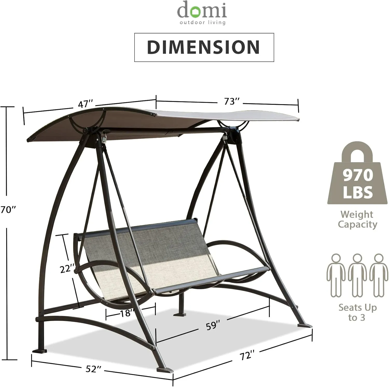 Domi Porch Patio Swing with Adjustable Canopy, 3-seat Swing with Stand, Outdoor Swings w/Armrests, Weather Resistant Steel Frame and Textilene Fabric Dark Brown