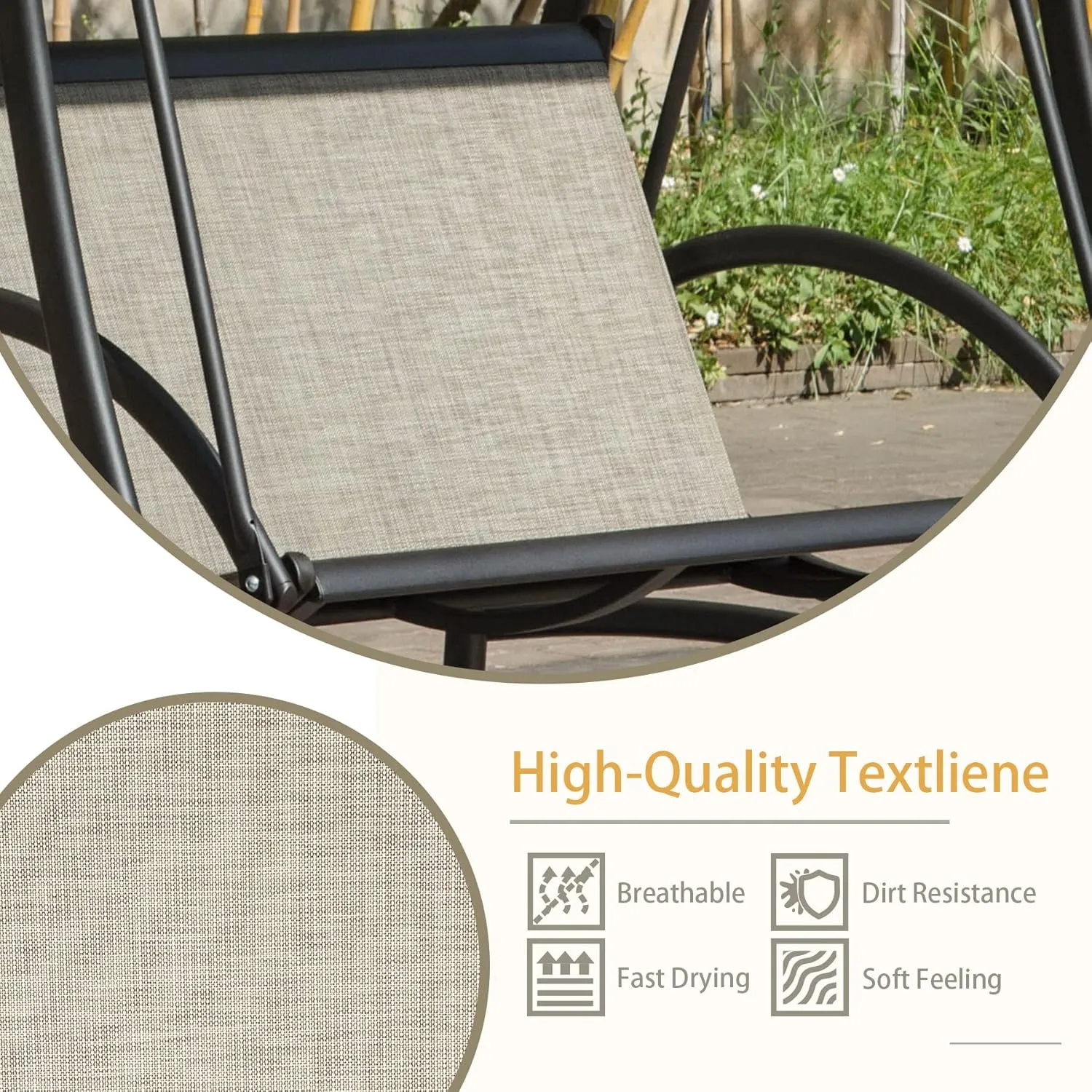 Domi Porch Patio Swing with Adjustable Canopy, 3-seat Swing with Stand, Outdoor Swings w/Armrests, Weather Resistant Steel Frame and Textilene Fabric Dark Brown