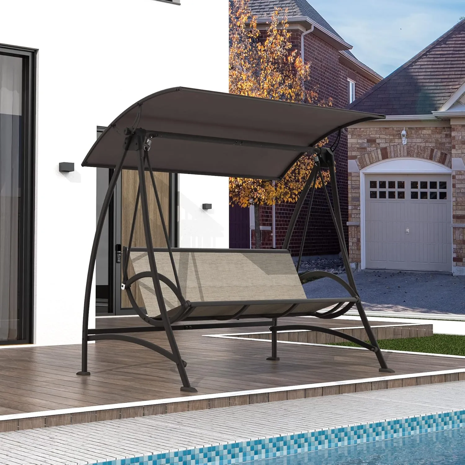 Domi Porch Patio Swing with Adjustable Canopy, 3-seat Swing with Stand, Outdoor Swings w/Armrests, Weather Resistant Steel Frame and Textilene Fabric Dark Brown