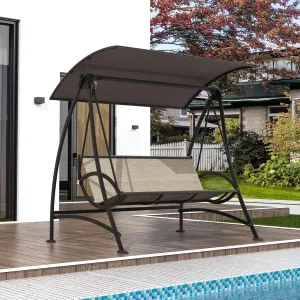 Domi Porch Patio Swing with Adjustable Canopy, 3-seat Swing with Stand, Outdoor Swings w/Armrests, Weather Resistant Steel Frame and Textilene Fabric Dark Brown
