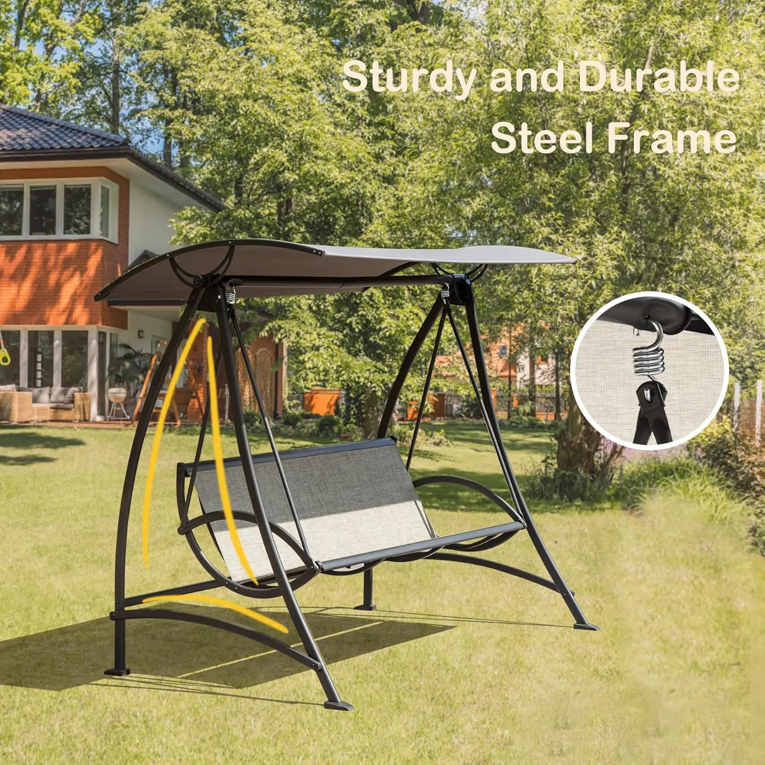 Domi Porch Patio Swing with Adjustable Canopy, 3-seat Swing with Stand, Outdoor Swings w/Armrests, Weather Resistant Steel Frame and Textilene Fabric Dark Brown