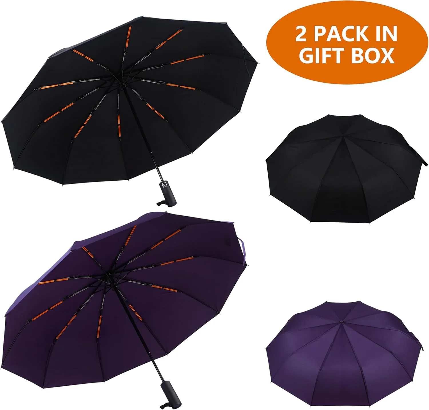 Double 10-Rib 46 Inch Compact Travel Umbrella for Rain - Sturdy Portable Windproof Umbrella - Small Automatic Folding Umbrella