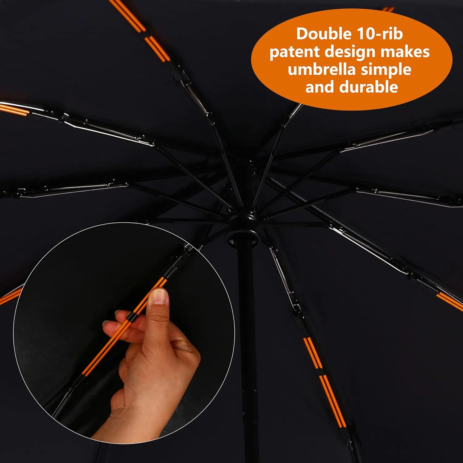 Double 10-Rib 46 Inch Compact Travel Umbrella for Rain - Sturdy Portable Windproof Umbrella - Small Automatic Folding Umbrella