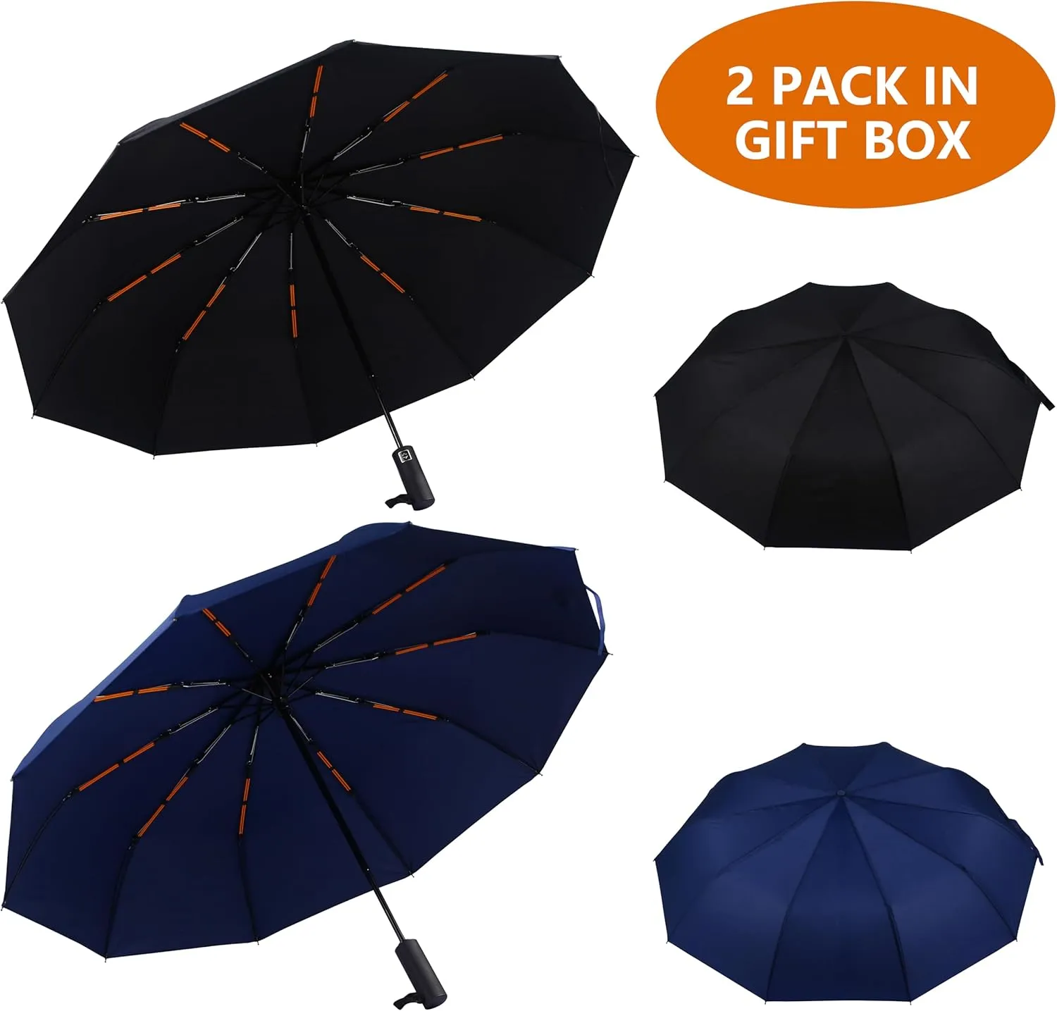 Double 10-Rib 46 Inch Compact Travel Umbrella for Rain - Sturdy Portable Windproof Umbrella - Small Automatic Folding Umbrella