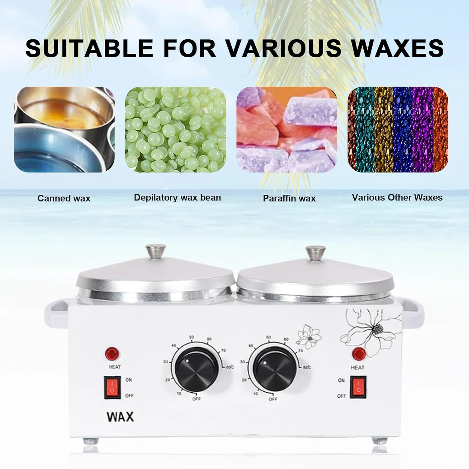 Double Pots Wax Warmer Professional Melted Wax Beads for Hair Removal,Fast Electric Wax Heater with Adjustable Temperature Set for Women (White-Double Pots)