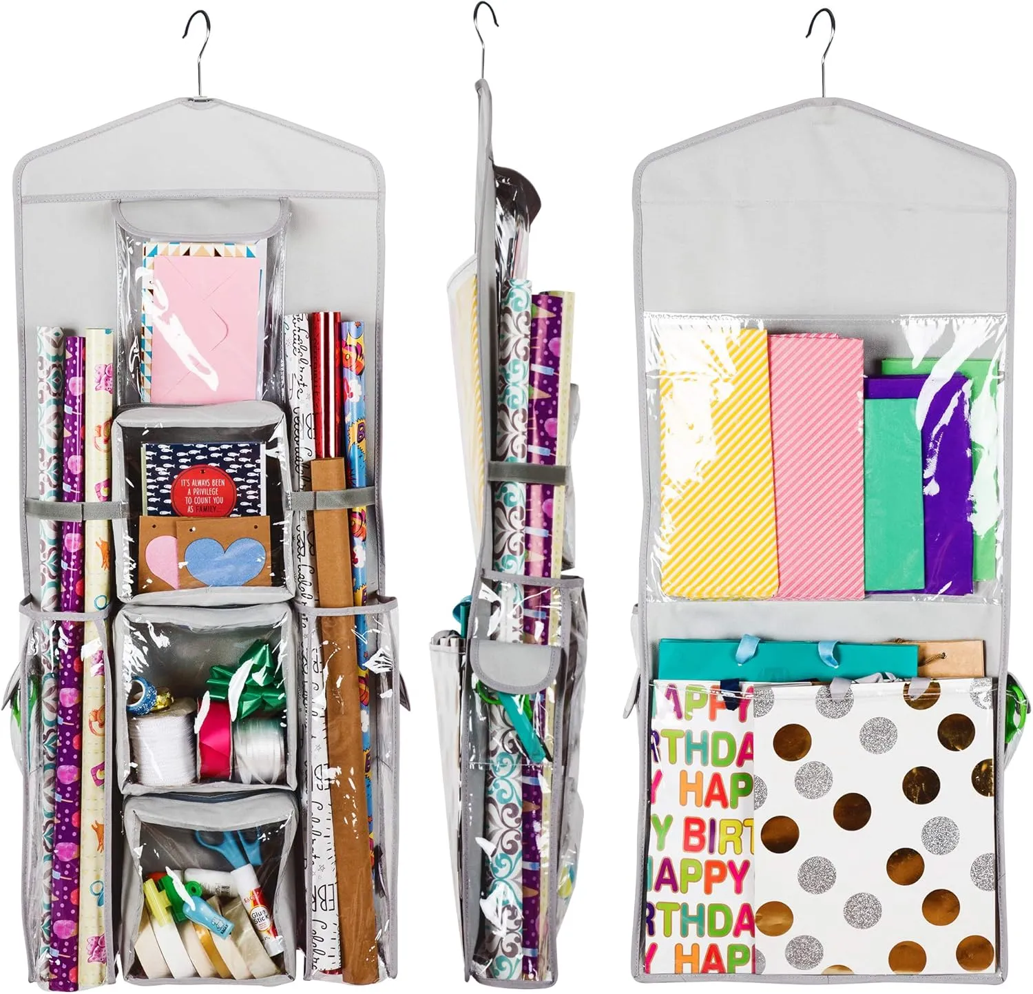 Double-Sided Hanging Gift Bag and Gift Wrap Organizer (Light Grey)